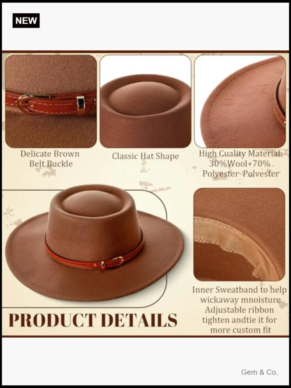 Wide Brim Felt Hat with Belt Buckle Vintage Boho Jazz Hat